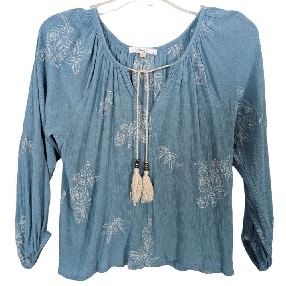 Obsessive Love baby blue Embroidered Floral boho tassel peasant Tunic top S - Picture 1 of 9